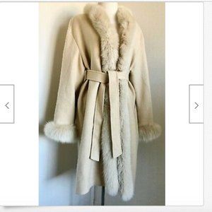 Rare Fox Fur Trim Cashmere Beige coat Sash Belt